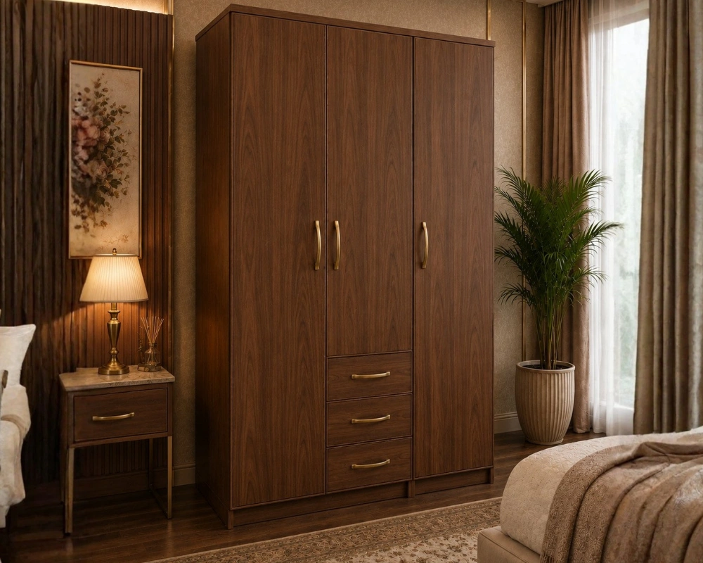 Elegant Walnut Finish Bedroom Wardrobe with 3 Drawers & Hanging Space Spacious 3 Door Wardrobe with 3 Drawers - Elegant 3 Door Wardrobe with 3 Drawers - Image 1