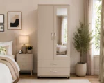 Cream 2 Door Mirrored Wardrobe with 2 Drawers - Modern Bedroom Storage Cabinet - Image 2