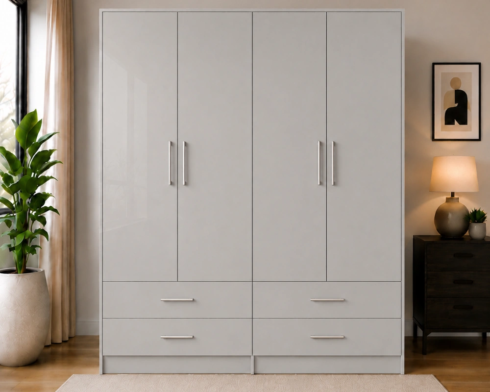 Light Grey Wooden 4 Door Wardrobe with Spacious Storage Drawers Modern Bedroom Wardrobe - Large 4 Door Wardrobe with Four Drawers - Image 1