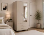Cream 2 Door Mirrored Wardrobe with 2 Drawers - Modern Bedroom Storage Cabinet - Image 4