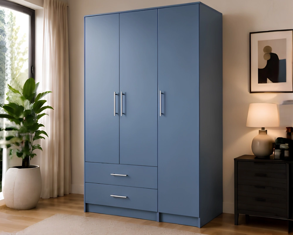 Luxury 3 Door Wardrobe with 2 Bottom Drawers – Blue Wooden Closet Blue 3 Door Wardrobe with 2 Drawers - Modern Bedroom Storage Cabinet - Image 1