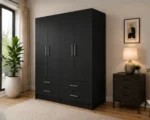 Matte Black 4 Door Wardrobe with 4 Drawers – Modern Bedroom Storage Cabinet Wardrobe