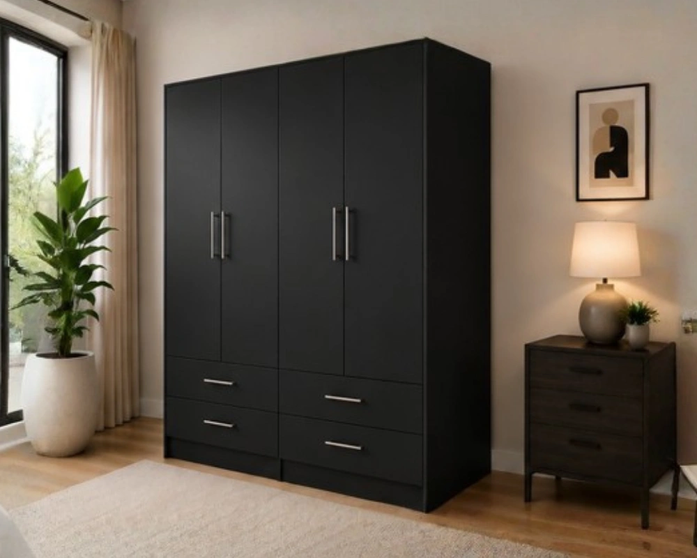 Luxury 4 Door Wardrobe with Spacious Bottom Drawers Matte Black 4 Door Wardrobe with 4 Drawers – Modern Bedroom Storage Cabinet Wardrobe - Image 1