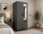 Modern Grey 2 Door Mirrored Wardrobe with 2 Drawers - Bedroom Storage Cabinet - Image 2