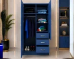 Modern Blue 2 Door Mirrored Wardrobe with 3 Drawers - Bedroom Storage Cabinet - Image 4