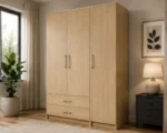 Oak Finish Wooden 3 Door Wardrobe with 2 Drawers - Modern Bedroom Storage Cabinet
