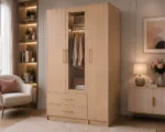 Elegant Closet Organizer with Drawers and Mirror - Large Capacity Triple Door Wardrobe with Mirror - Image 2