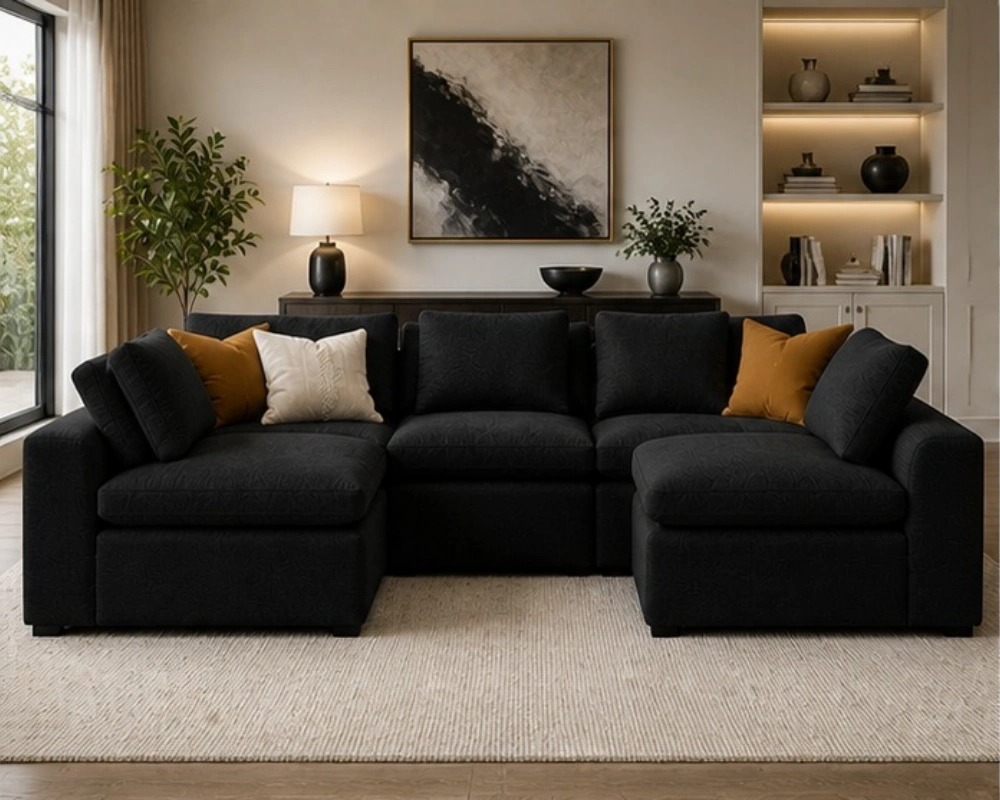 Modern Black U-Shaped Sectional Sofa with Deep Seating & Plush Cushions Black Sofa U Shape - Image 1