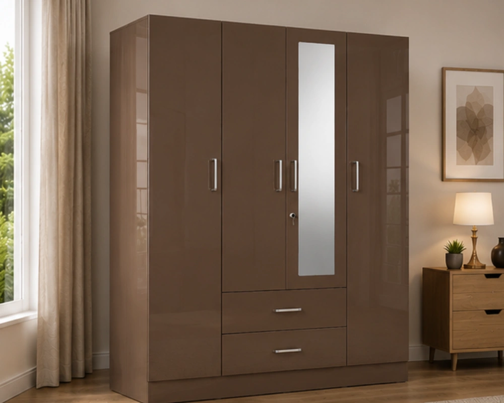 Modern Gloss Brown 4 Door Wardrobe with Full-Length Mirror & 2 Drawers Wooden Wardrobe with One Mirror - Premium Storage Wardrobe with Two Drawers - Image 1