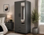 Modern Grey 2 Door Mirrored Wardrobe with 2 Drawers - Bedroom Storage Cabinet