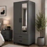 Modern Grey 2 Door Mirrored Wardrobe with 2 Drawers - Bedroom Storage Cabinet