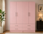 Modern Pink 4 Door Wardrobe with 4 Drawers – Spacious Bedroom Storage Cabine – Modern Bedroom Storage