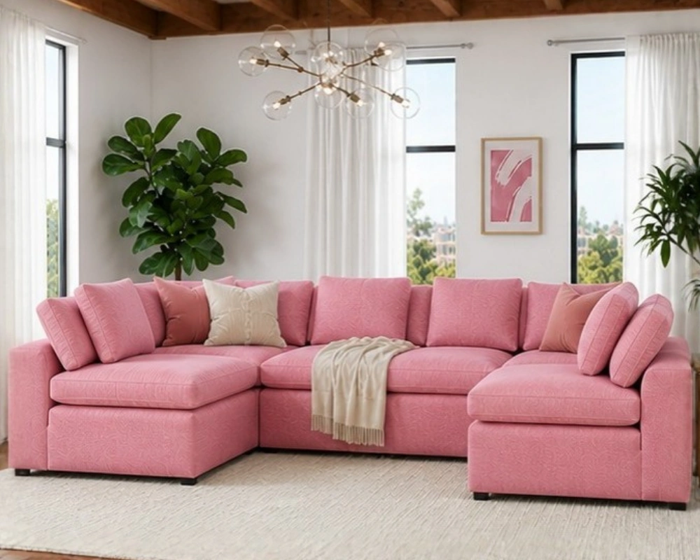 Modern Pink U-Shaped Sectional Sofa with Plush Cushions Premium Comfort, Stylish Design - U Shape Sofa - Image 1