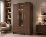 Contemporary Walnut Brown Wooden Wardrobe with Mirror & 2 Drawers