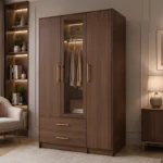 Contemporary Walnut Brown Wooden Wardrobe with Mirror & 2 Drawers