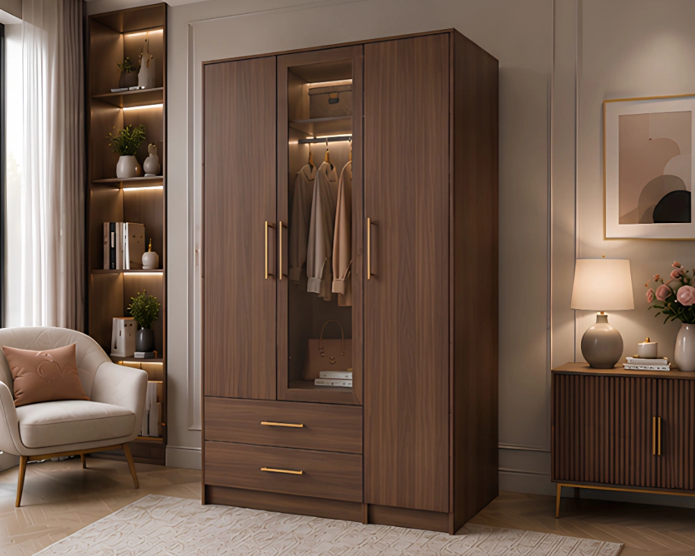 Modern Walnut 3 Door Wardrobe with Center Display Shelf & 2 Drawers Contemporary Walnut Brown Wooden Wardrobe with Mirror & 2 Drawers - Image 1