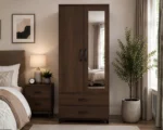 Modern Walnut 2 Door Mirrored Wardrobe with 2 Drawers - Wooden Bedroom Storage Cabinet - Image 3