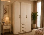Cream 3 Door Wardrobe with 3 Drawers – Modern Bedroom Storage Cabinet