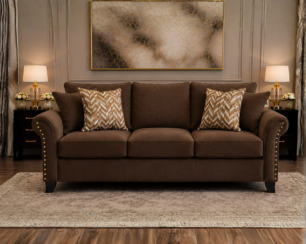 Premium Brown 3 Seater Sofa _ Plush Fabric Upholstered Couch _ Contemporary Lounge Furniture Harrison Luxury 3 Seater Sofa - Harrison Elegant 3 Seater Sofa - Image 1