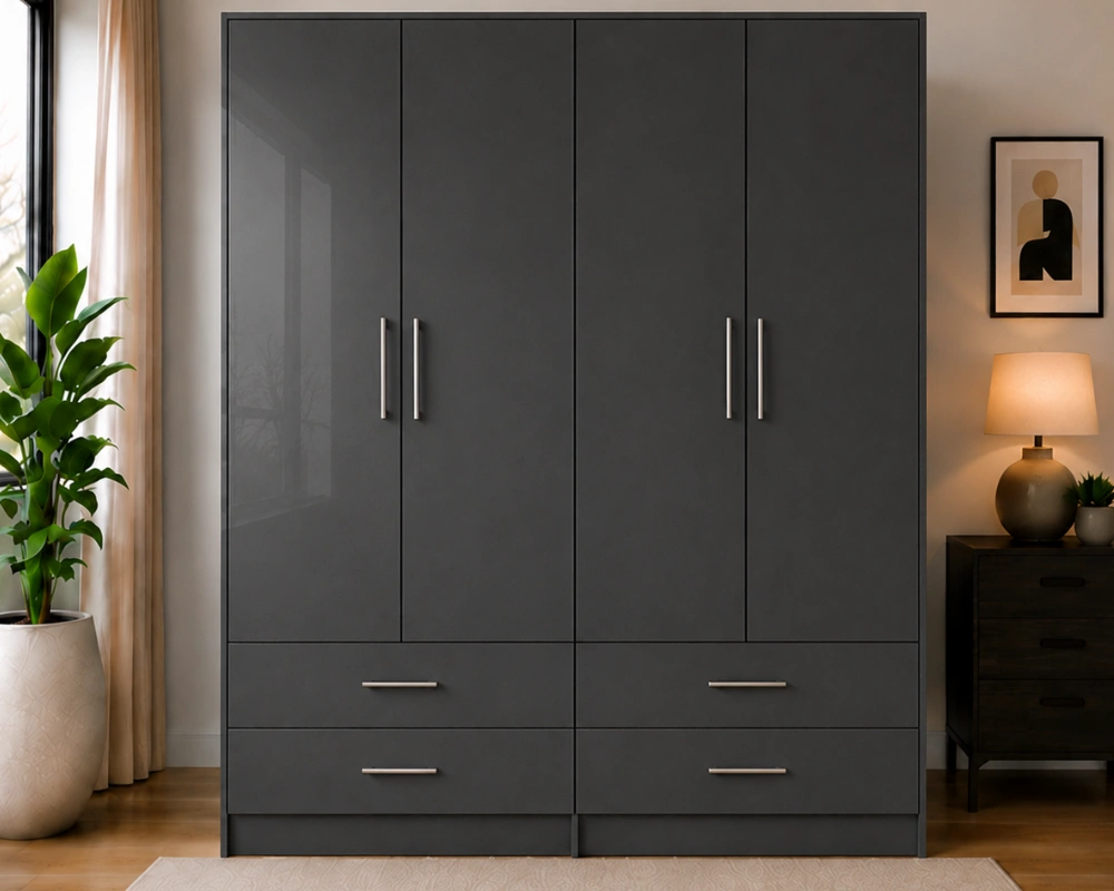 Premium Matte Dark Grey 4 Door Wardrobe with Spacious Drawers Graphite Grey 4 Door Wardrobe with 4 Drawers – Modern Bedroom Storage Wardrobe - Image 1