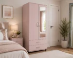 Blush Pink 2 Door Mirrored Wardrobe with 2 Drawers - Modern Bedroom Storage Cabinet - Image 5