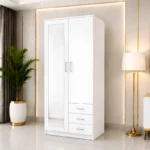 White 2 Door Mirrored Wardrobe with 3 Drawers - Modern Bedroom Storage Cabinet