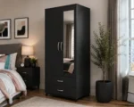 Modern Black 2 Door Mirrored Wardrobe with 2 Drawers - Bedroom Storage Cabinet