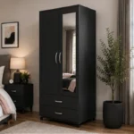 Modern Black 2 Door Mirrored Wardrobe with 2 Drawers - Bedroom Storage Cabinet