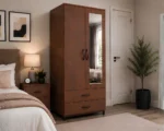 Walnut 2 Door Mirrored Wardrobe with 2 Drawers - Modern Bedroom Storage Cabinet - Image 4