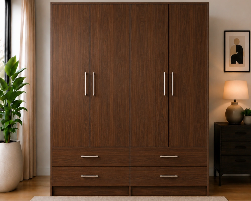 Walnut Finish 4-Door Storage Wardrobe with Bottom Drawers Luxury 4 Door Wardrobe with Spacious Drawers - Wardrobe with Drawers - Image 1