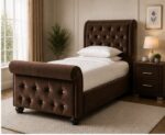 Sleigh Single Bed Velvet – Luxury Upholstered Bed - Image 4