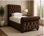 Sleigh Single Bed Velvet – Luxury Upholstered Bed - Image 2