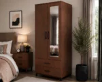 Walnut 2 Door Mirrored Wardrobe with 2 Drawers - Modern Bedroom Storage Cabinet