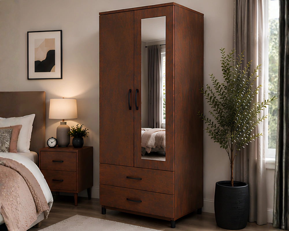 Wooden Storage Cabinet for Bedroom Walnut 2 Door Mirrored Wardrobe with 2 Drawers - Modern Bedroom Storage Cabinet - Image 1
