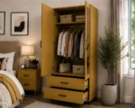 Mustard Yellow 2 Door Mirrored Wardrobe with 2 Drawers - Modern Bedroom Storage Cabinet - Image 3