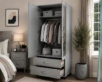 Light Grey 2 Door Mirrored Wardrobe with 2 Drawers - Modern Bedroom Storage Cabinet - Image 3