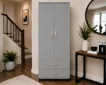 Modern Grey 2 Door Wardrobe with 2 Drawers - Bedroom Storage Cabinet