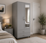 Designer Wooden Wardrobe with 2 Doors & Mirror - Double Door Bedroom Wardrobe - Image 3