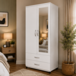 White Finish Wardrobe with 2 Drawers and Mirror - Wooden Storage Wardrobe with Mirror