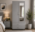 Designer Wooden Wardrobe with 2 Doors & Mirror - Double Door Bedroom Wardrobe - Image 5