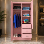 Functional Storage Wardrobe with Mirror - 2 Door Wardrobe Pink Colour