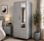 Contemporary 2 Door Storage Wardrobe with Mirror - 2 Door Wardrobe with Drawers