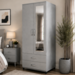 Contemporary 2 Door Storage Wardrobe with Mirror - 2 Door Wardrobe with Drawers
