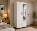 White Finish Wardrobe with 2 Drawers and Mirror - Wooden Storage Wardrobe with Mirror - Image 3