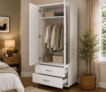 White Finish Wardrobe with 2 Drawers and Mirror - Wooden Storage Wardrobe with Mirror - Image 2