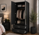 Elegant Bedroom Closet with 2 Drawers and Mirror - Wardrobe with Double Doors - Image 2