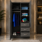 Durable Engineered Wood Wardrobe with Mirror - Harmony 2 Door Wardrobe with 3 Drawers and Mirror