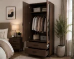 Modern Walnut 2 Door Mirrored Wardrobe with 2 Drawers - Wooden Bedroom Storage Cabinet - Image 4
