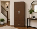 Rustic Brown 2 Door Wardrobe with 2 Drawers - Modern Bedroom Storage Cabinet