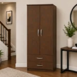 Rustic Brown 2 Door Wardrobe with 2 Drawers - Modern Bedroom Storage Cabinet